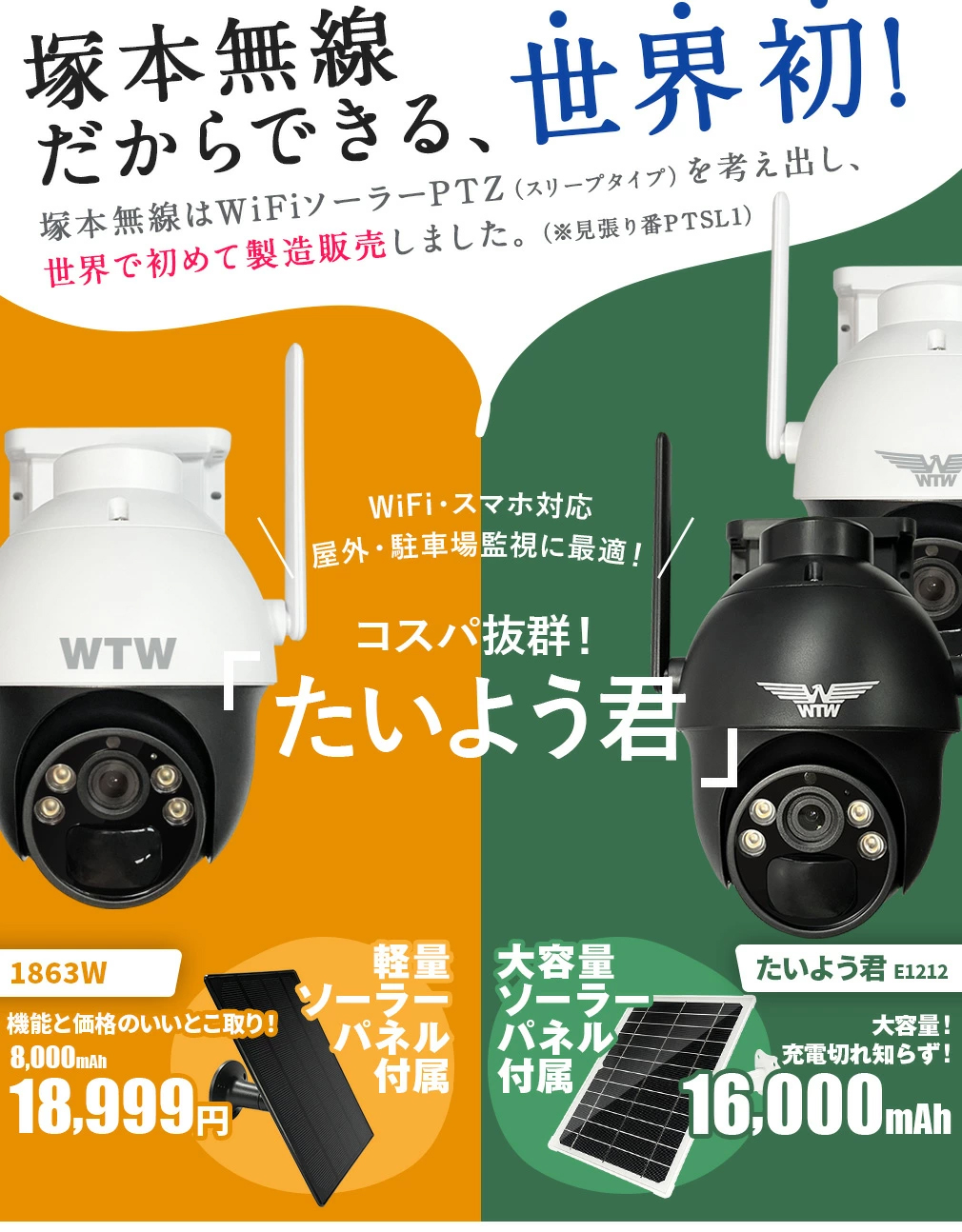 たいよう君 WIFIソーラーPTZ、WTW-E1212YW / WTW-E1212YB 【WTW