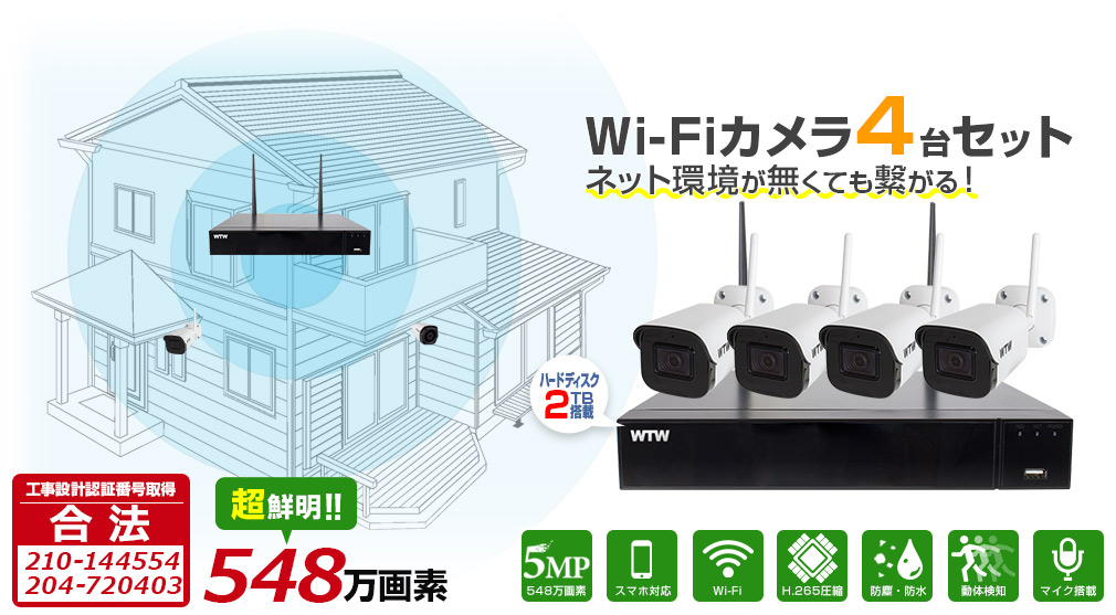 WTW塚本無線の IPC 防犯カメラセット。設置が簡単なWi-Fi屋外防雨仕様カラーカメラセット ケーブル1本で電源と映像を接続出来ますので設置工事が楽です。