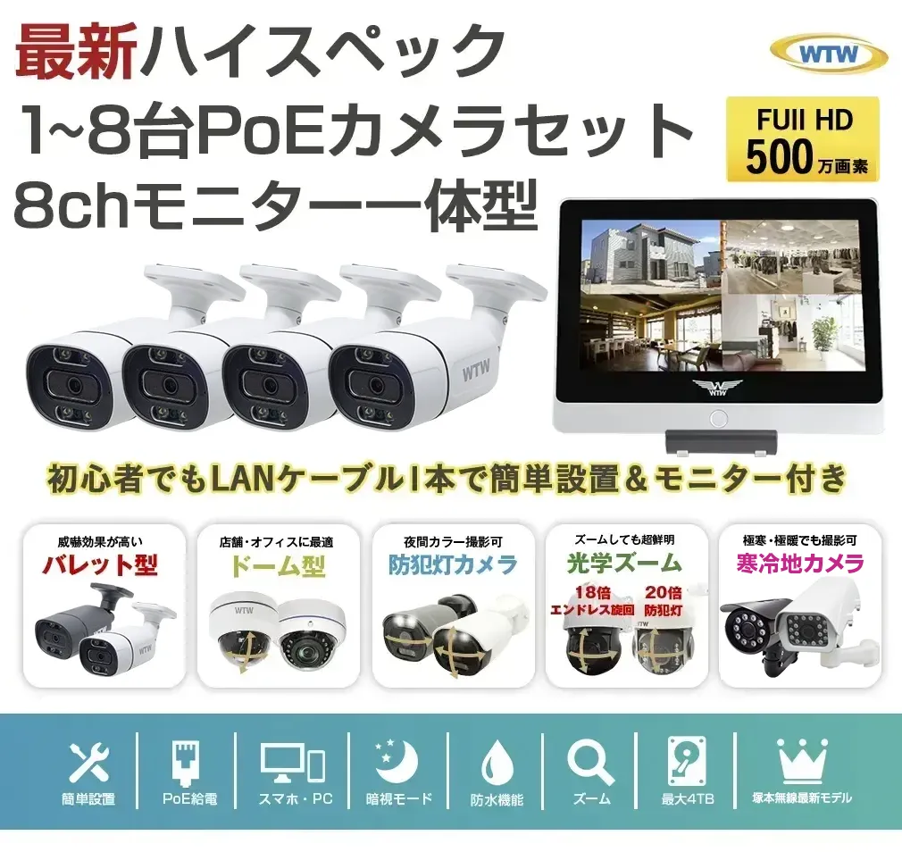 最新ハイスペック 500万画素XPoE モニター一体型録画機・カメラ1～8台セット！ LANケーブル1本でカメラの電源を給電するので、設置場 – 防犯 カメラの塚本無線